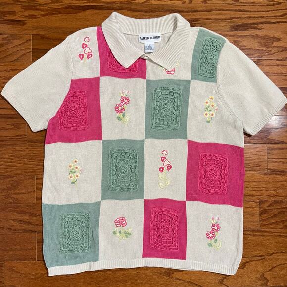 Vintage Alfred Dunner Knit Crochet Floral Collared Short Sleeve Sweater Size L - Picture 5 of 11